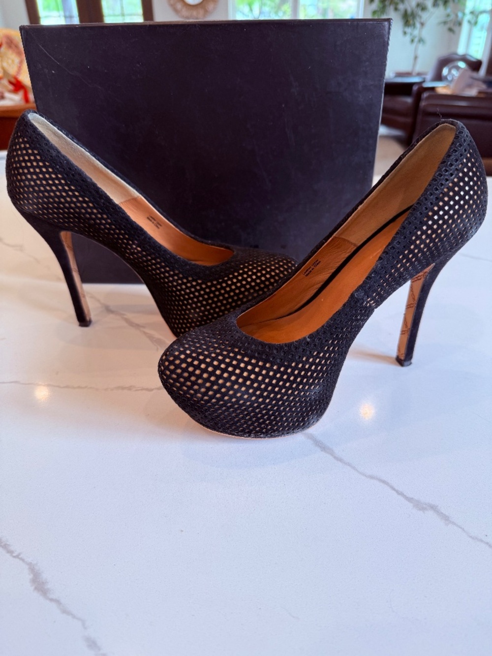 L.A.M.B. Black suede/mesh platform pumps heels stilettos, size 6.5